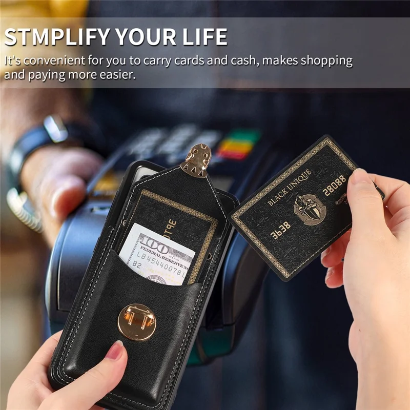 Card Holder Case for Samsung Galaxy S22+ 5G Kickstand PU Leather+TPU Phone Cover with Shoulder Strap - Black