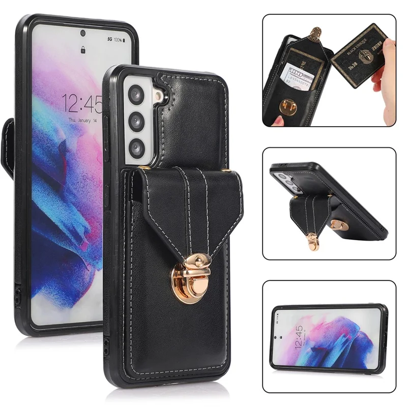 Scratch Proof Case for Samsung Galaxy S22 5G Card Holder Kickstand PU Leather+TPU Phone Cover - Black
