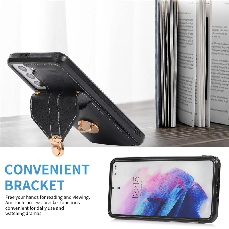 Scratch Proof Case for Samsung Galaxy S22 5G Card Holder Kickstand PU Leather+TPU Phone Cover - Black