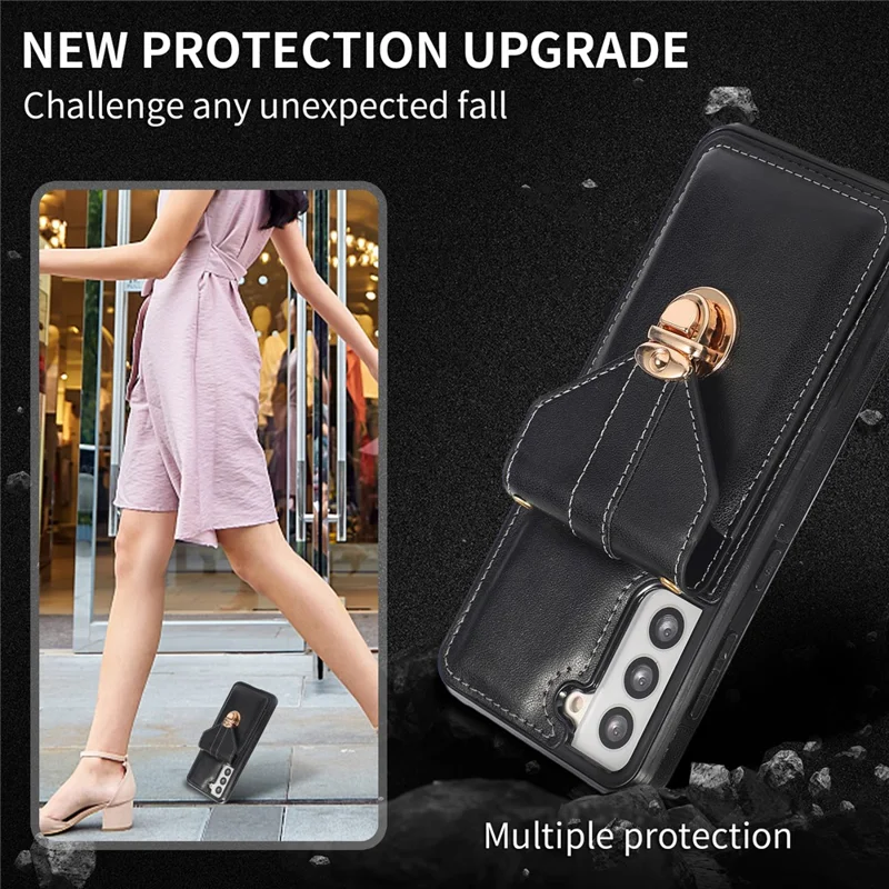 For Samsung Galaxy S21 4G / 5G Card Holder Drop-proof Case Kickstand PU Leather+TPU Phone Cover - Black