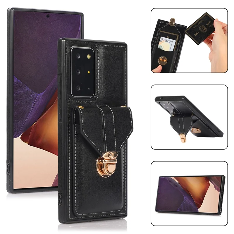 Back Case for Samsung Galaxy Note20 Ultra / Note20 Ultra 5G Card Holder PU Leather+TPU Phone Cover with Kickstand - Black