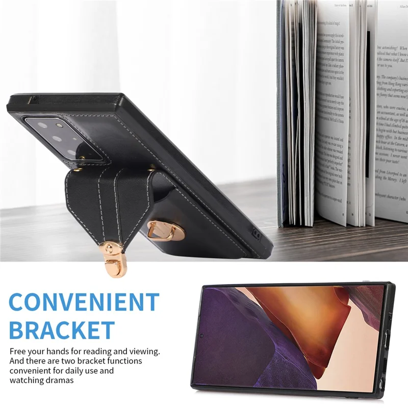 Back Case for Samsung Galaxy Note20 Ultra / Note20 Ultra 5G Card Holder PU Leather+TPU Phone Cover with Kickstand - Black