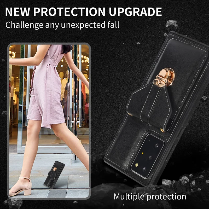 Back Case for Samsung Galaxy Note20 Ultra / Note20 Ultra 5G Card Holder PU Leather+TPU Phone Cover with Kickstand - Black
