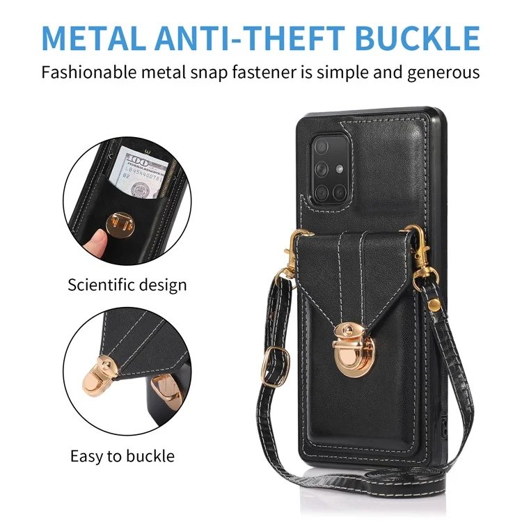 Para Samsung Galaxy A71 5G SM-A716 Suporte para Cartão Capa Traseira de Couro PU+TPU Suporte para Telefone - Preto