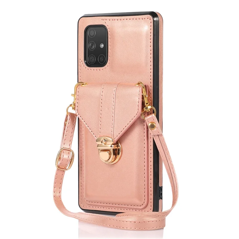 For Samsung Galaxy A71 5G SM-A716 Card Holder Shell PU Leather+TPU Back Case Kickstand Phone Cover - Rose Gold