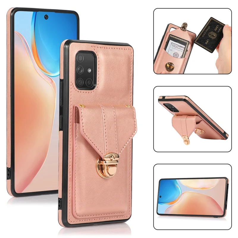 For Samsung Galaxy A71 5G SM-A716 Card Holder Shell PU Leather+TPU Back Case Kickstand Phone Cover - Rose Gold