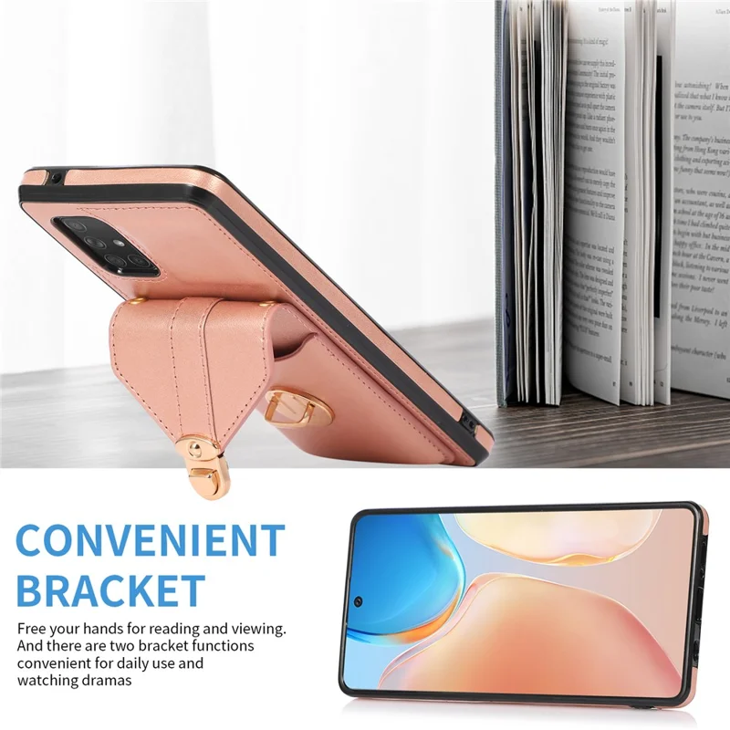 For Samsung Galaxy A71 5G SM-A716 Card Holder Shell PU Leather+TPU Back Case Kickstand Phone Cover - Rose Gold