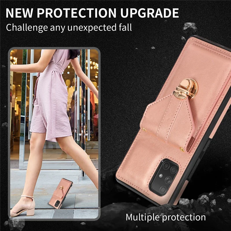 For Samsung Galaxy A71 5G SM-A716 Card Holder Shell PU Leather+TPU Back Case Kickstand Phone Cover - Rose Gold