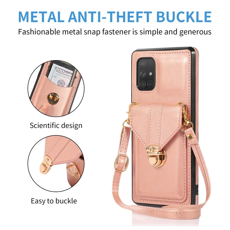 For Samsung Galaxy A71 5G SM-A716 Card Holder Shell PU Leather+TPU Back Case Kickstand Phone Cover - Rose Gold