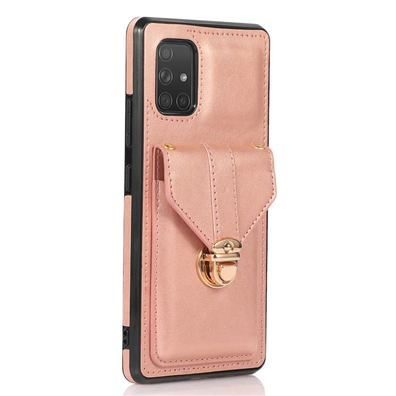 For Samsung Galaxy A71 5G SM-A716 Card Holder Shell PU Leather+TPU Back Case Kickstand Phone Cover - Rose Gold