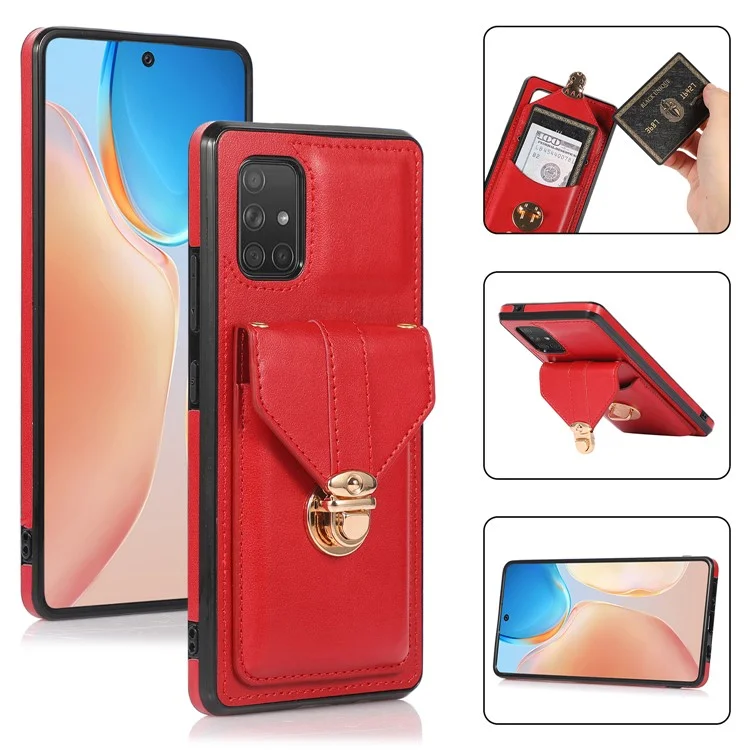 For Samsung Galaxy A51 5G SM-A516 Kickstand Phone Cover Anti-scratch PU Leather+TPU Card Holder Back Case - Red