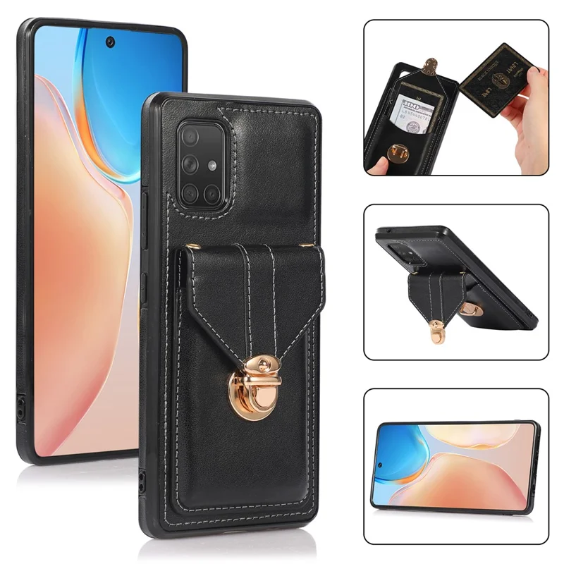 For Samsung Galaxy A51 4G SM-A515 Kickstand Phone Cover Card Holder Back Protector PU Leather+TPU Case - Black