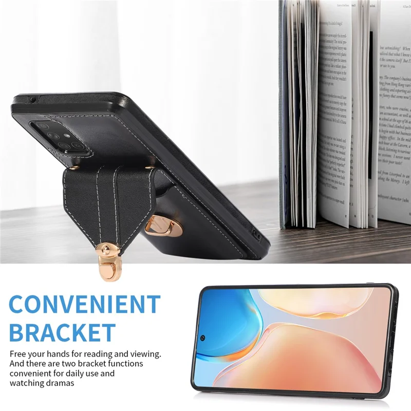 For Samsung Galaxy A51 4G SM-A515 Kickstand Phone Cover Card Holder Back Protector PU Leather+TPU Case - Black