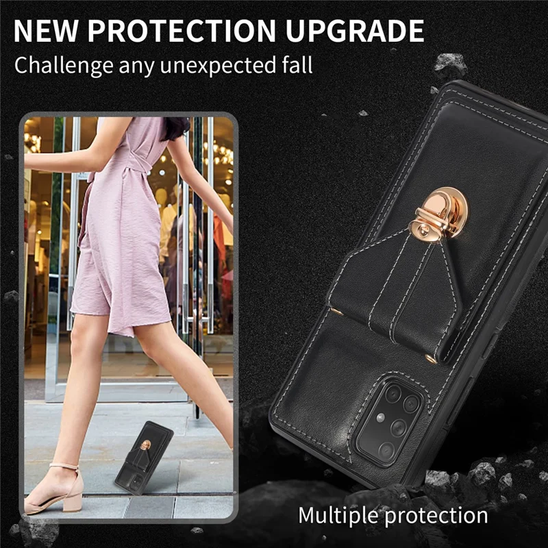 For Samsung Galaxy A51 4G SM-A515 Kickstand Phone Cover Card Holder Back Protector PU Leather+TPU Case - Black