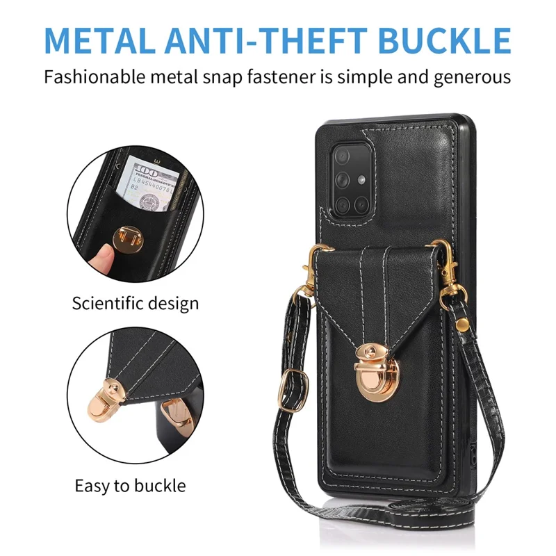 For Samsung Galaxy A51 4G SM-A515 Kickstand Phone Cover Card Holder Back Protector PU Leather+TPU Case - Black