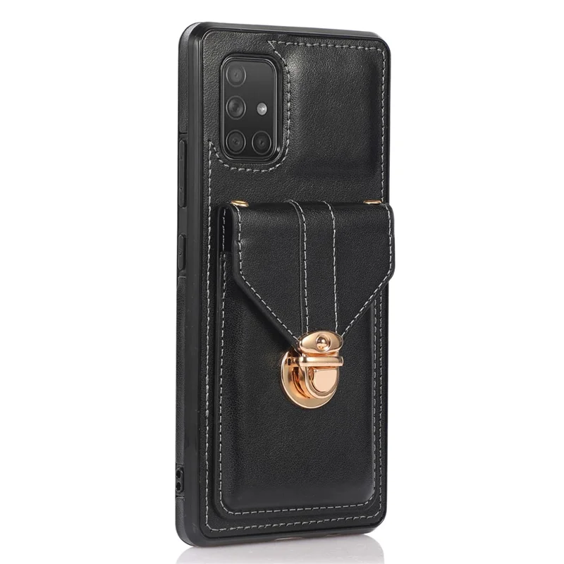 For Samsung Galaxy A51 4G SM-A515 Kickstand Phone Cover Card Holder Back Protector PU Leather+TPU Case - Black