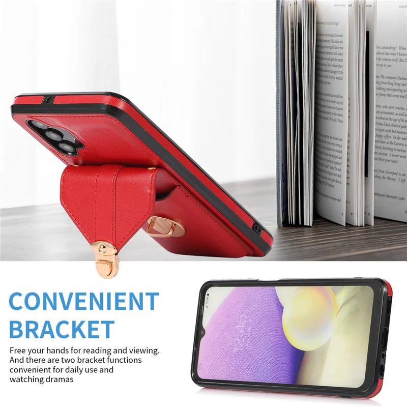 For Samsung Galaxy A32 4G (EU Version) Card Holder Case PU Leather+TPU Phone Cover with Kickstand - Red