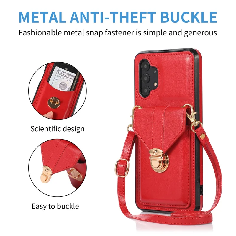 For Samsung Galaxy A32 4G (EU Version) Card Holder Case PU Leather+TPU Phone Cover with Kickstand - Red