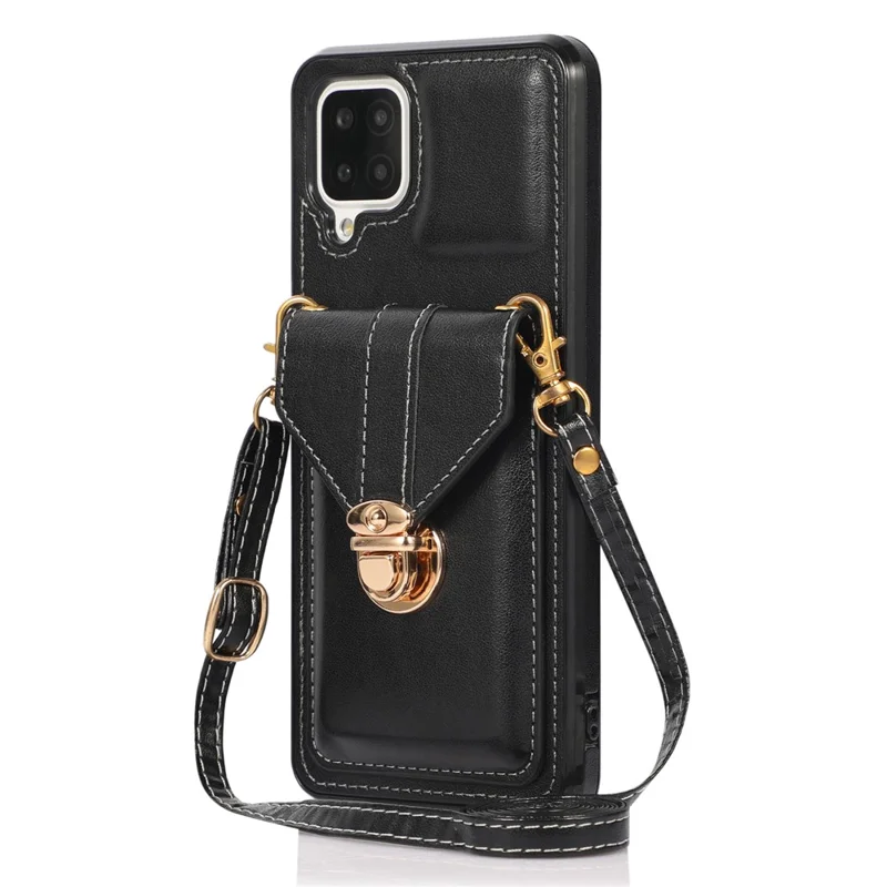 For Samsung Galaxy A12 Protective Case, Card Holder Kickstand PU Leather+TPU Phone Cover - Black