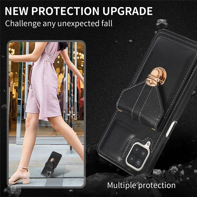 For Samsung Galaxy A12 Protective Case, Card Holder Kickstand PU Leather+TPU Phone Cover - Black