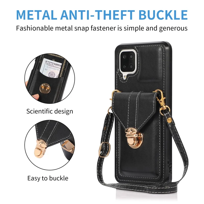 For Samsung Galaxy A12 Protective Case, Card Holder Kickstand PU Leather+TPU Phone Cover - Black