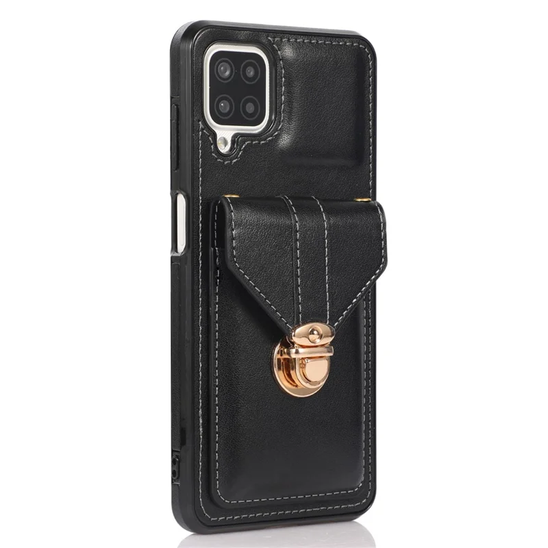 For Samsung Galaxy A12 Protective Case, Card Holder Kickstand PU Leather+TPU Phone Cover - Black