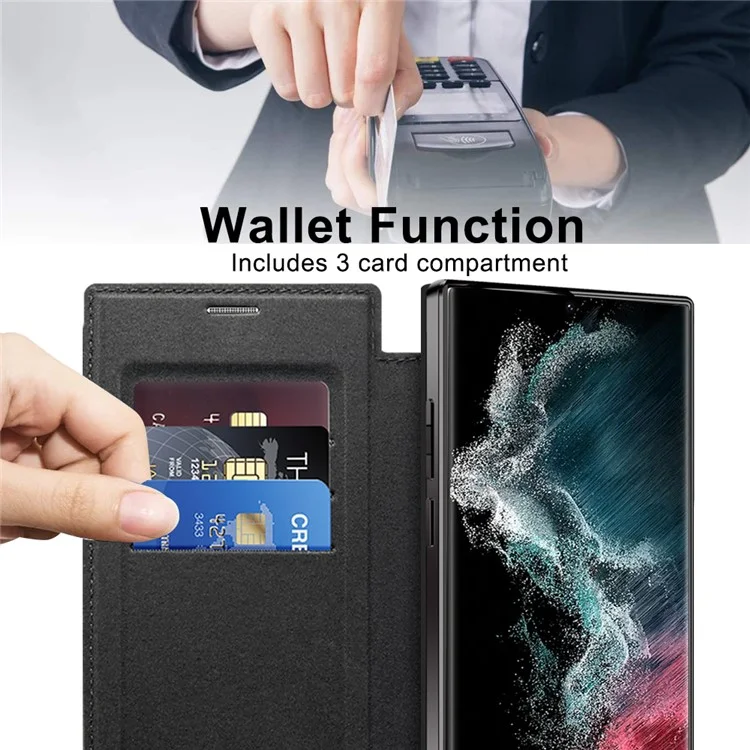 For Samsung Galaxy S22 Ultra 5G RFID Blocking Card Holder Case Compatible with MagSafe Leather+TPU Phone Cover - Black