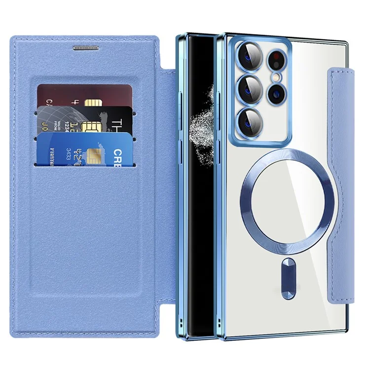 For Samsung Galaxy S22 Ultra 5G RFID Blocking Card Holder Case Compatible with MagSafe Leather+TPU Phone Cover - Blue