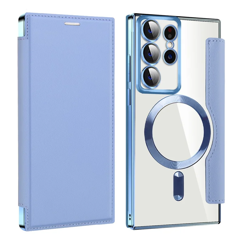 For Samsung Galaxy S22 Ultra 5G RFID Blocking Card Holder Case Compatible with MagSafe Leather+TPU Phone Cover - Blue