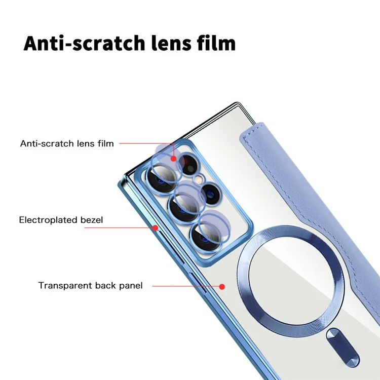 For Samsung Galaxy S22 Ultra 5G RFID Blocking Card Holder Case Compatible with MagSafe Leather+TPU Phone Cover - Blue