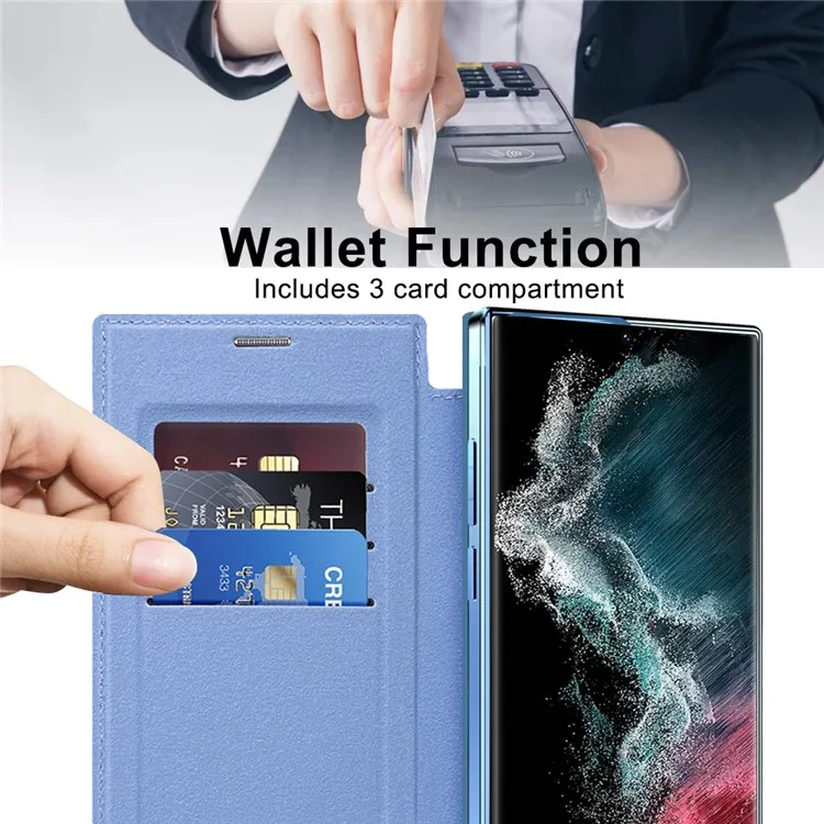 For Samsung Galaxy S22 Ultra 5G RFID Blocking Card Holder Case Compatible with MagSafe Leather+TPU Phone Cover - Blue