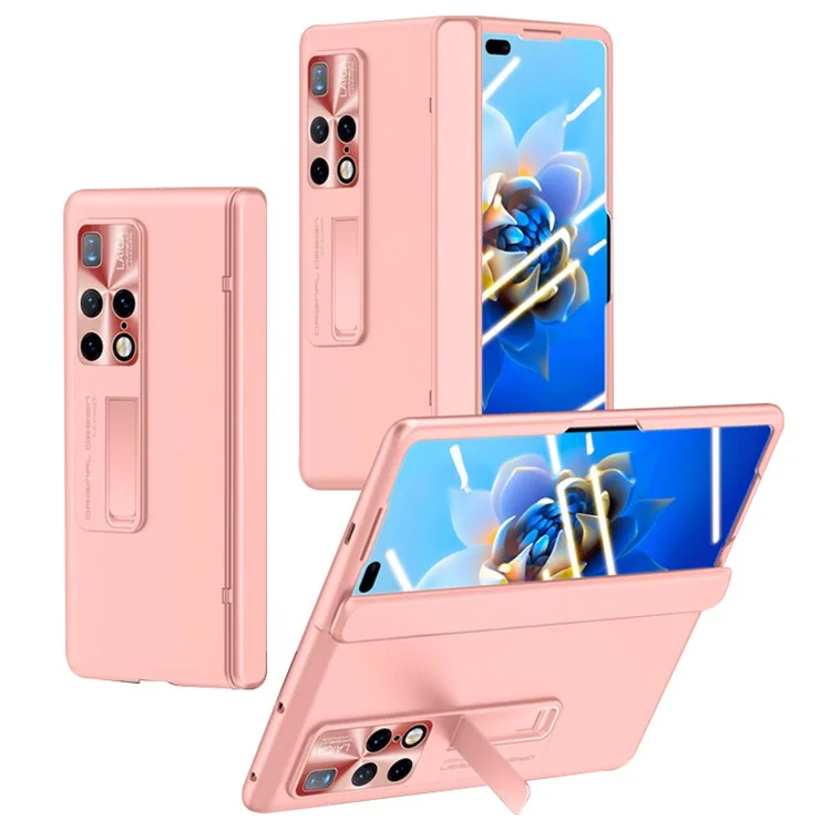 Para Huawei Mate X2 4G / 5G Hinge Protection Phone Case Hard PC Kickstand Cover with Tempered Glass Film - Pink