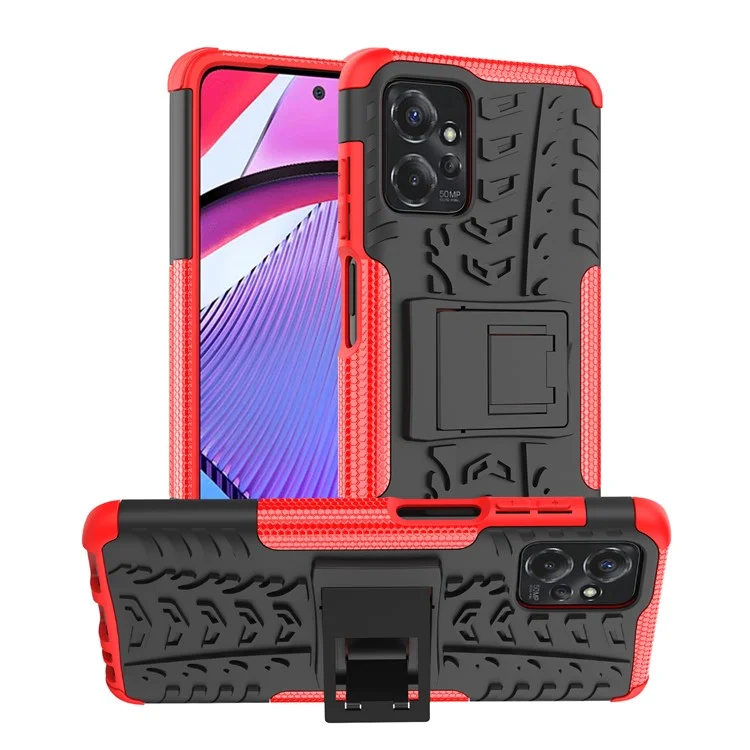 Pour Motorola Moto G Power 5G PC+TPU Kickstand Cover Tyre Pattern Anti-slip Phone Case - Red