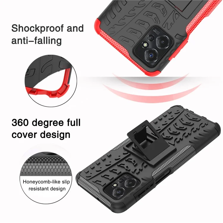 Pour Motorola Moto G Power 5G PC+TPU Kickstand Cover Tyre Pattern Anti-slip Phone Case - Red