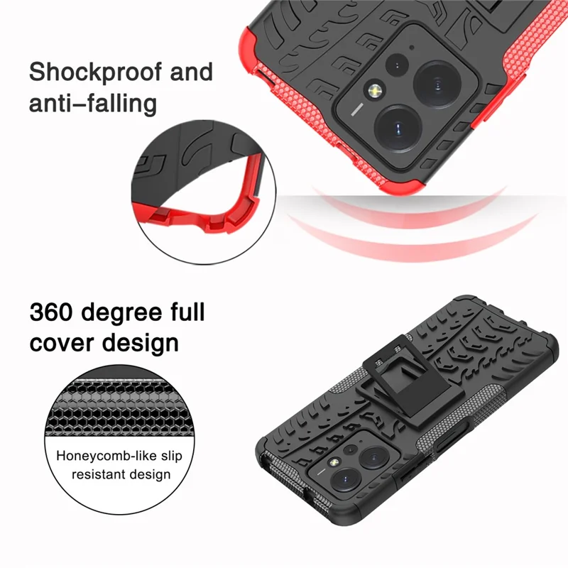 Custodia per telefono con motivo a pneumatici per Xiaomi Redmi Note 12 4G, doppio strato PC+TPU antiurto con supporto - Rosso