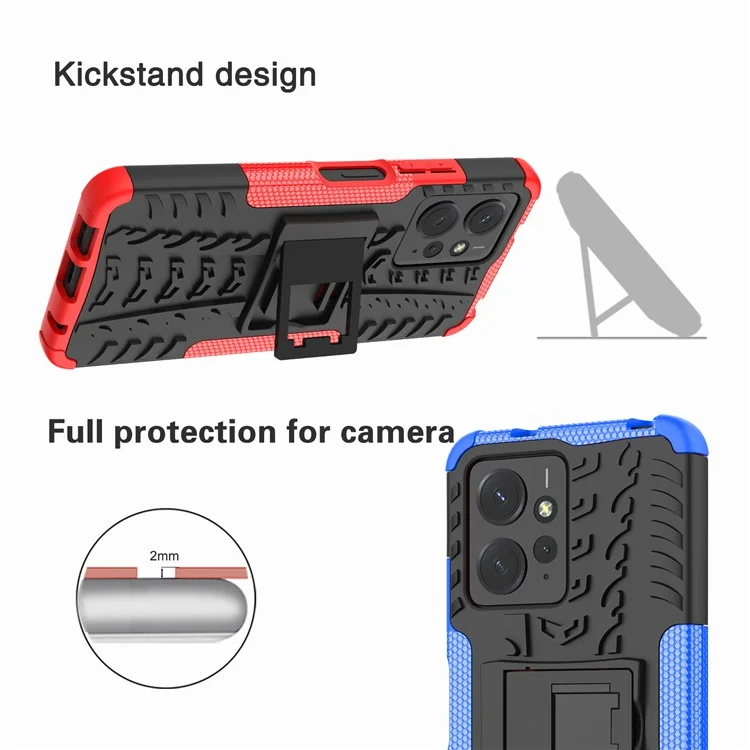 Custodia per telefono con motivo a pneumatici per Xiaomi Redmi Note 12 4G, doppio strato PC+TPU antiurto con supporto - Rosso