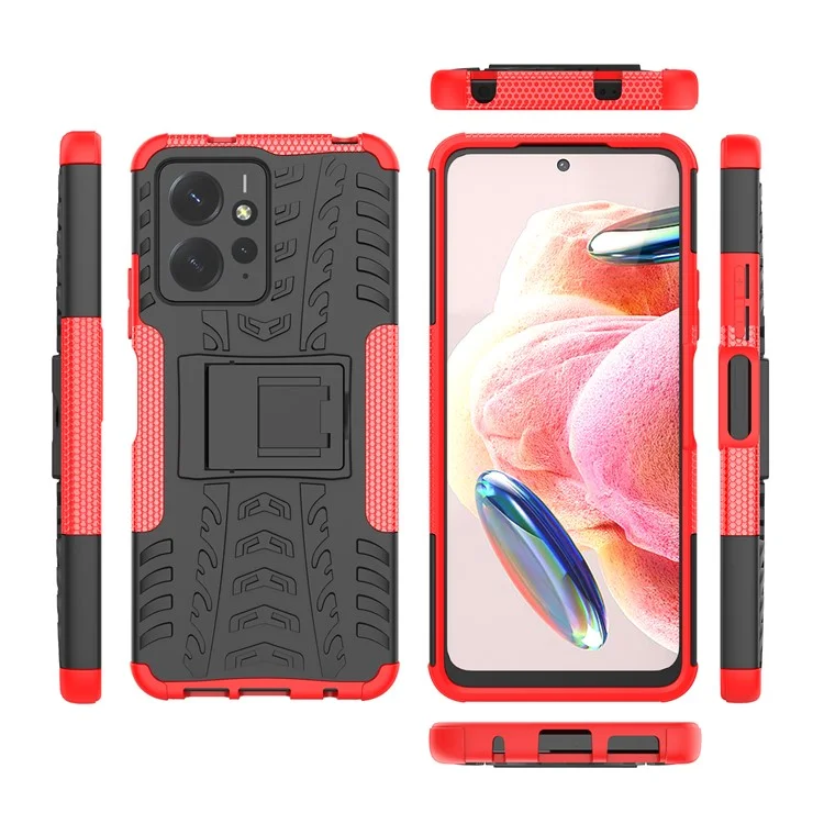 Custodia per telefono con motivo a pneumatici per Xiaomi Redmi Note 12 4G, doppio strato PC+TPU antiurto con supporto - Rosso