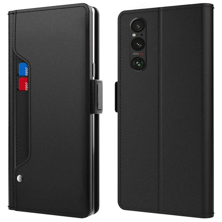 For Sony Xperia 1 V Shockproof Leather Case Mirror Design Stand Card Holder Phone Cover - Black
