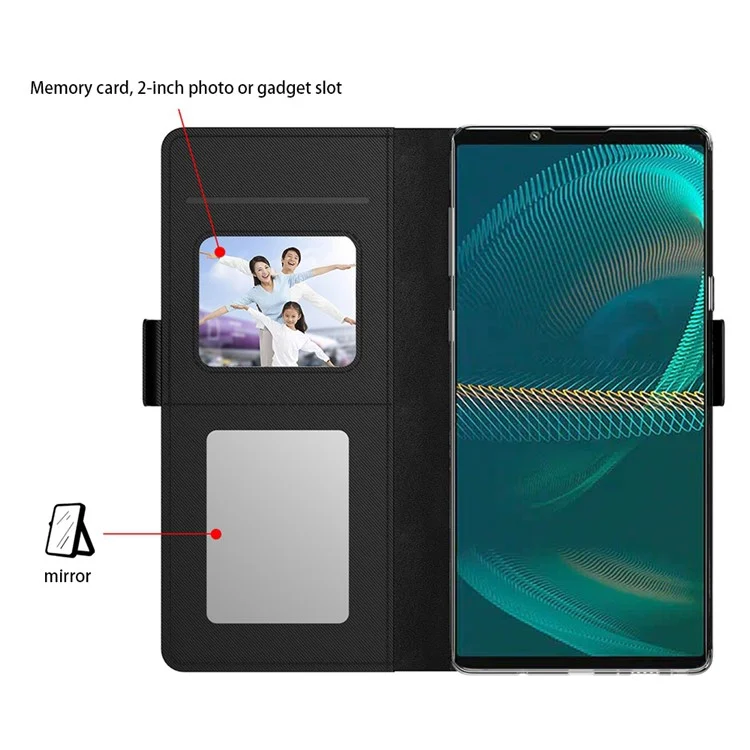For Sony Xperia 1 V Shockproof Leather Case Mirror Design Stand Card Holder Phone Cover - Black