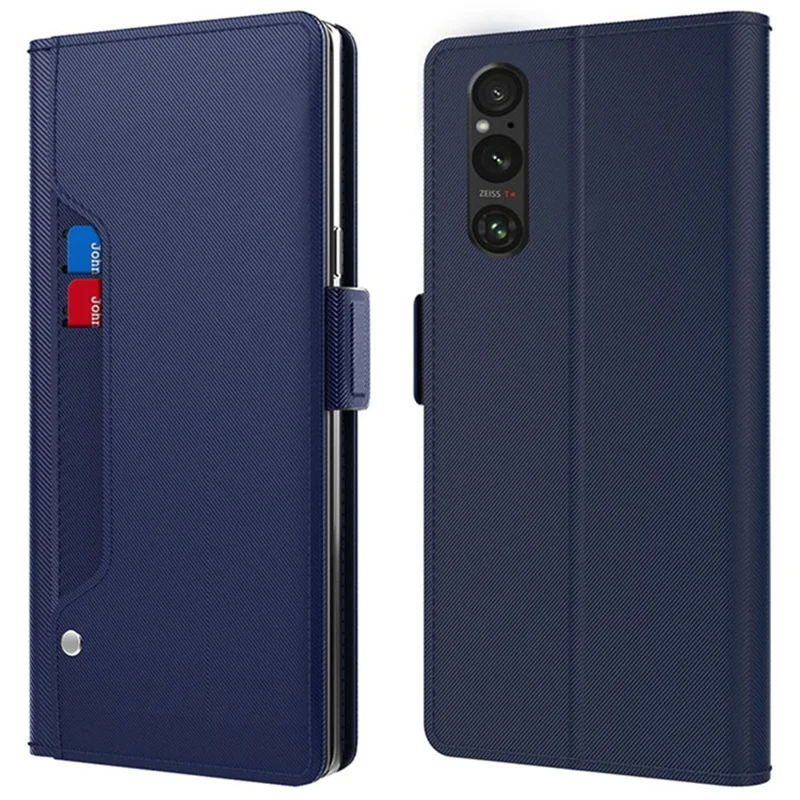 Pour Sony Xperia 1 V Coque en cuir antichoc Conception miroir Support Porte-cartes Housse de téléphone - Bleu