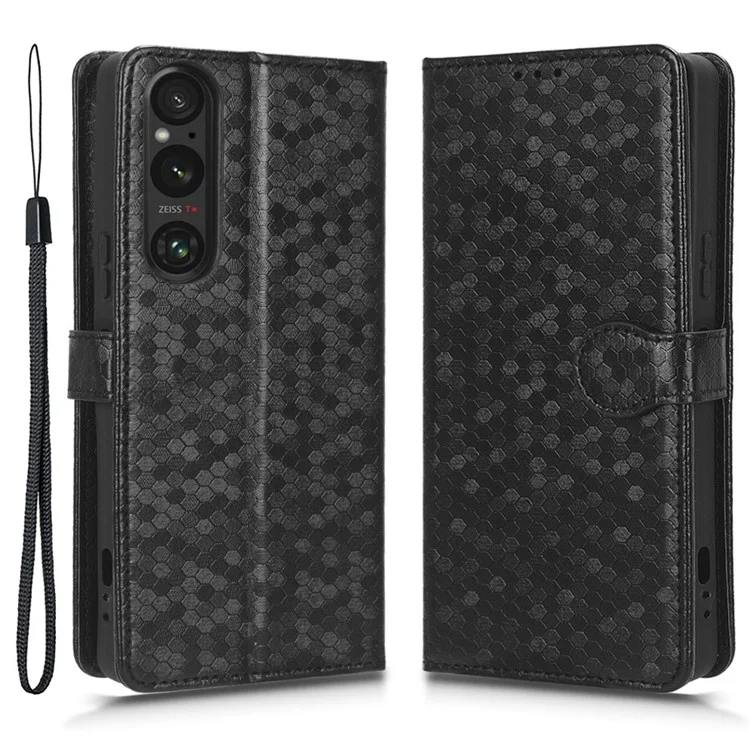 Leather Case for Sony Xperia 1 V , Imprinted Dot Pattern Wallet Cell Phone  Stand Cover - Black