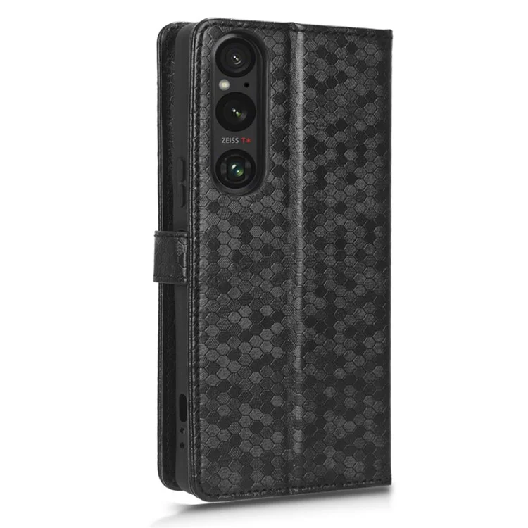 Leather Case for Sony Xperia 1 V , Imprinted Dot Pattern Wallet Cell Phone  Stand Cover - Black