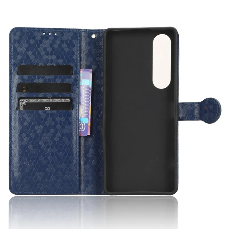 Leather Case for Sony Xperia 1 V , Imprinted Dot Pattern Wallet Cell Phone  Stand Cover - Dark Blue