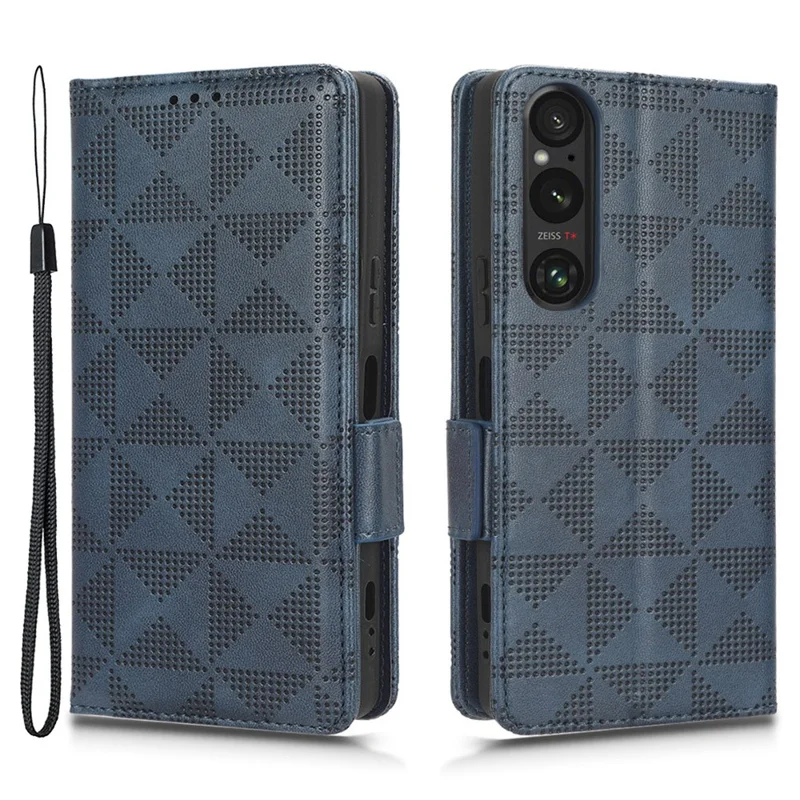 For Sony Xperia 1 V Cell Phone Cover Stand Wallet Imprinted Triangle PU Leather Phone Case - Blue