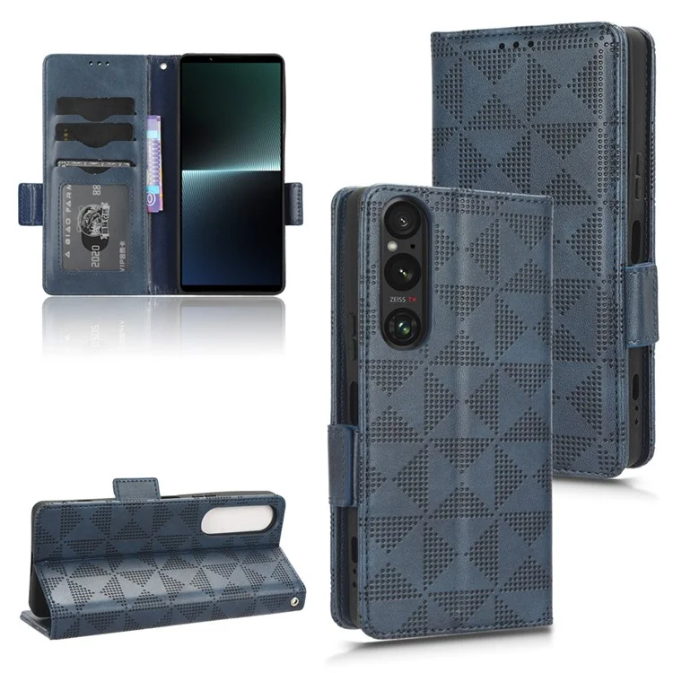 For Sony Xperia 1 V Cell Phone Cover Stand Wallet Imprinted Triangle PU Leather Phone Case - Blue