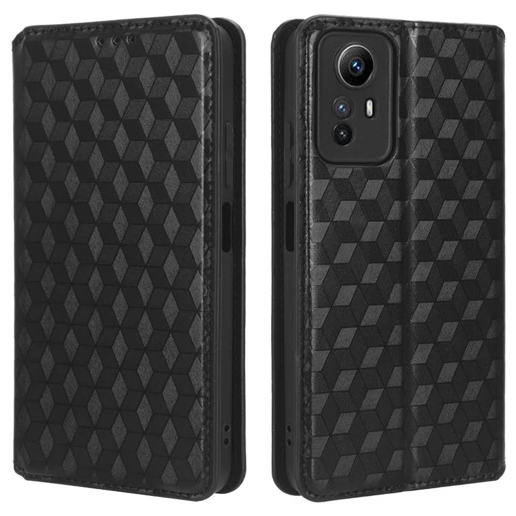Pour Xiaomi Redmi Note 12S 4G Stand Wallet Phone Case PU Leather Rhombus Imprinted Cover - Noir