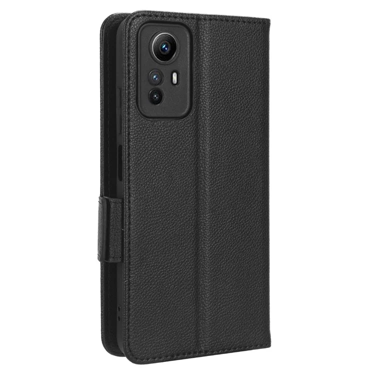 Litchi Texture Leather Case for Xiaomi Redmi Note 12S 4G , Foldable Stand Phone Wallet Cover - Black