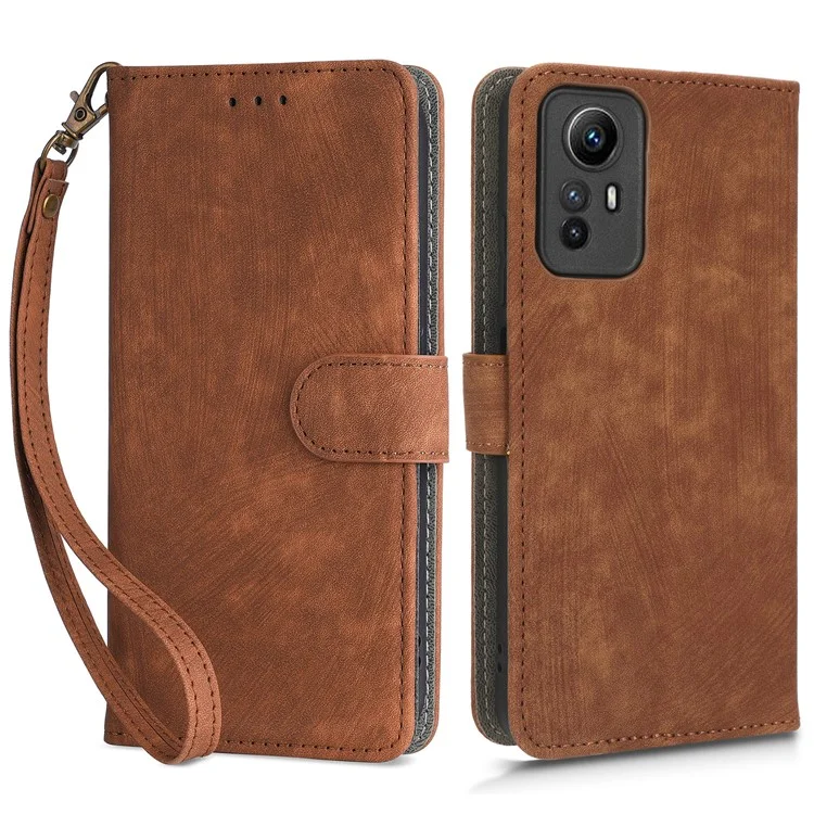 RFID Blocking Phone Case for Xiaomi Redmi Note 12S 4G , Wallet Stand Leather Cover with Strap - Brown