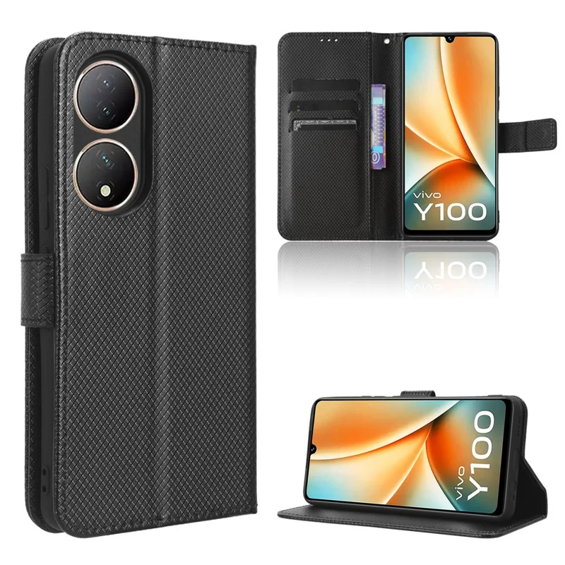 For vivo Y100 5G / T2 5G PU Leather Wallet Case Diamond Texture Flip Stand Phone Cover - Black