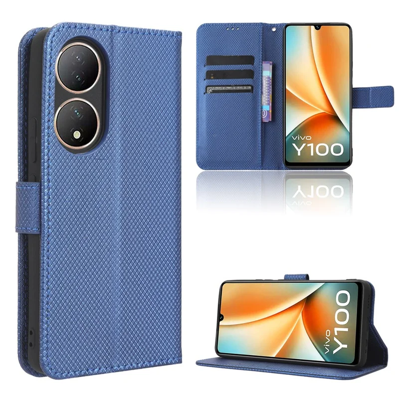 For vivo Y100 5G / T2 5G PU Leather Wallet Case Diamond Texture Flip Stand Phone Cover - Blue